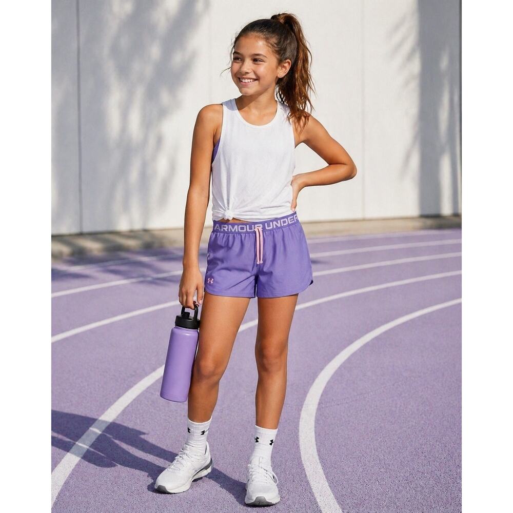 Under Armour Girls YLarge HeatGear Shorts‎ Purple Pink Drawstring Gym Athleisure